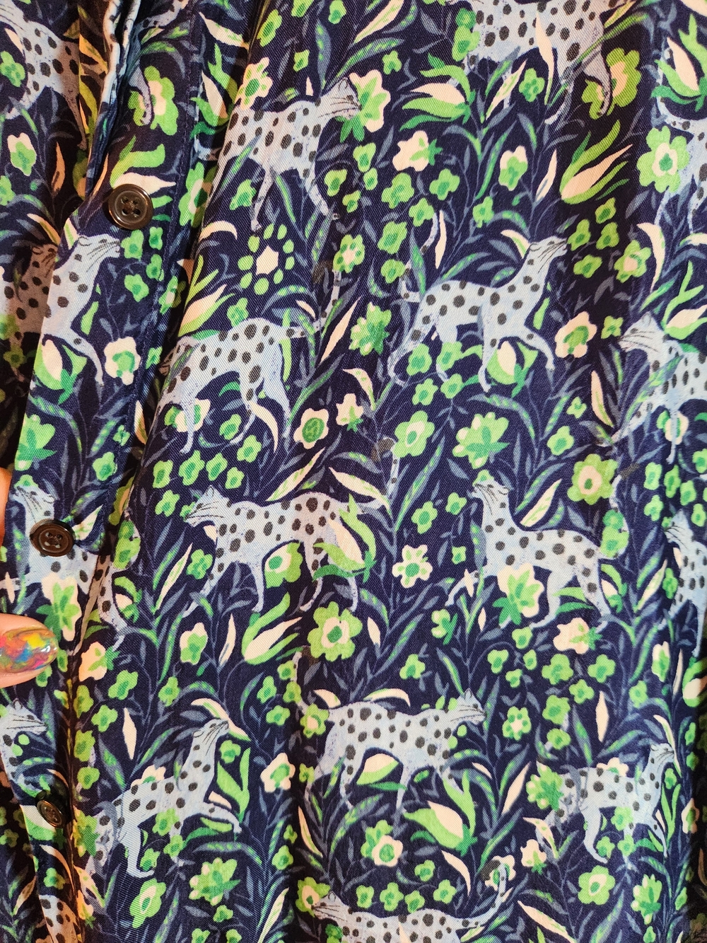 J. Crew Navy Button-Down Shirt with Green and Light Blue Cheetah Floral Print - Picture 5 of 6
